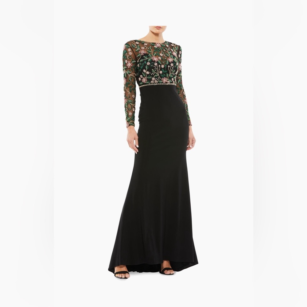 Mac Duggal Black Dress with Green and Pink Embroidery